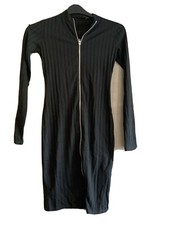 Pretty LittleThing Black Ribbed ZiP Front Bodycon Dress Size 8 NEW With Tags