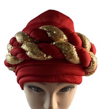 African Women Spandex Ornate Stretch Turban Hat Ladies Head Piece  Red  Gold