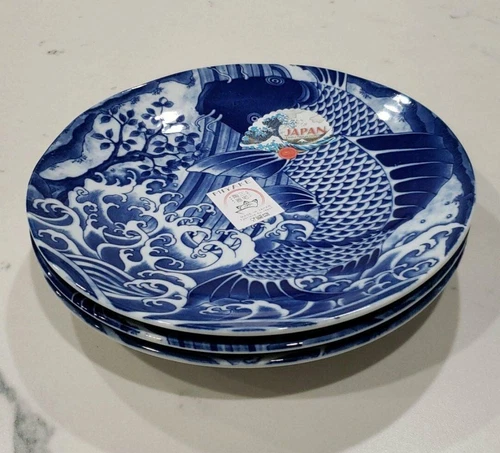 Set of 3 Made in Japan MIYAKE Blue & White Koi Carp 10" Dinner Plates NEW W TAG