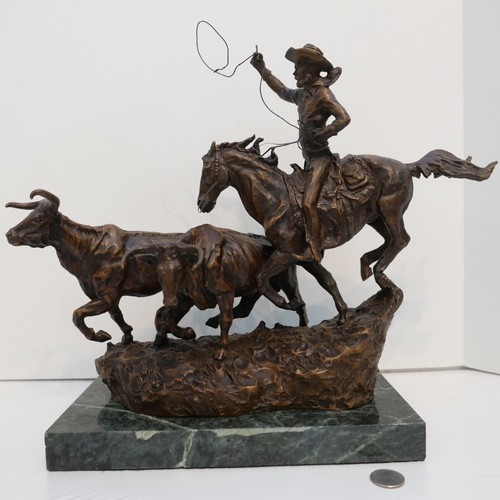 Signed Charles M Russell Western Bronze Sculpture "The Round Up" on Marble Base eBay