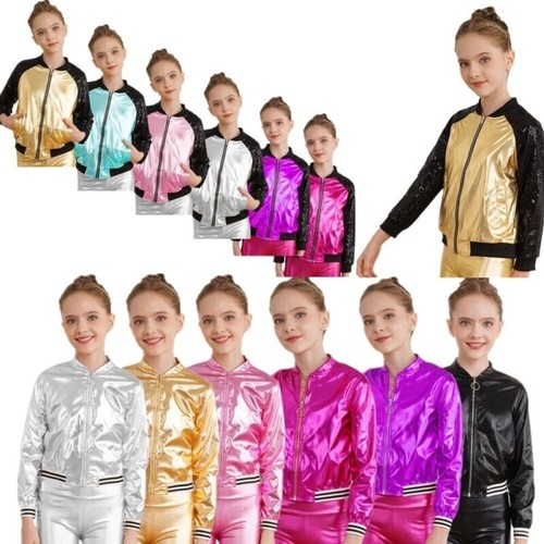 Kids Girls Baseball Jacket Shiny Metallic Long Sleeve Bomber Coat Outerwear - Picture 2 of 104