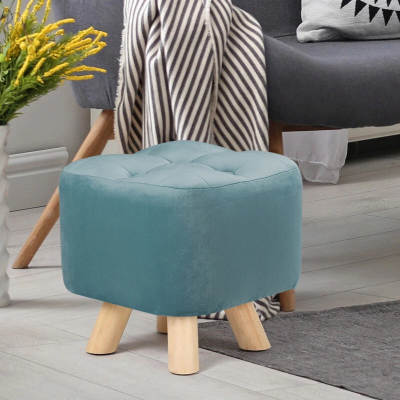 Small Ottoman Square Pouffe Wood Legs Footstool Velvet Padded Shoe