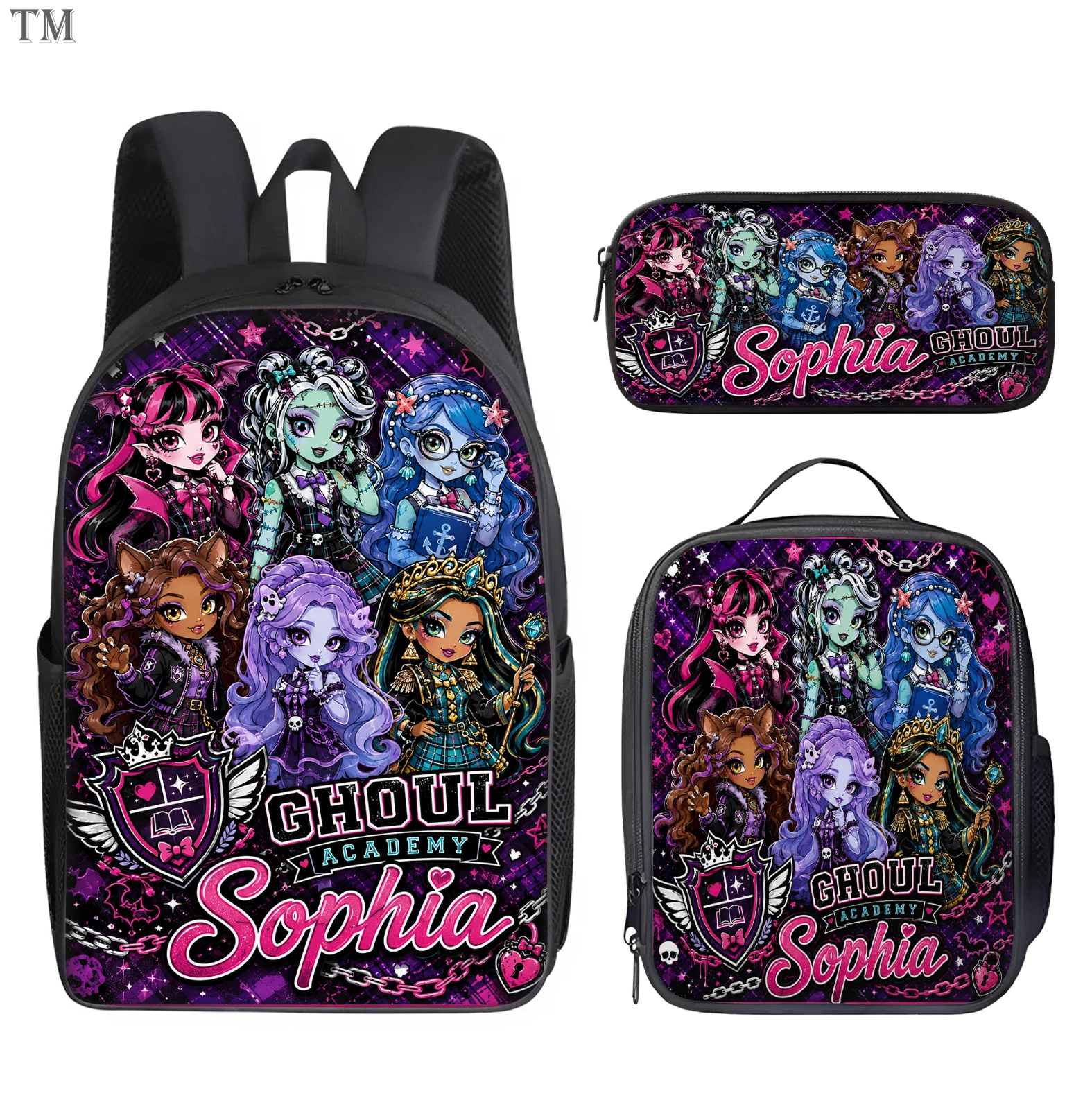 Personalized Monster High Backpack Set Lunch Bag Pencil Case Custom Name