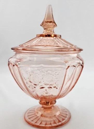 Anchor Hocking Pink Depression Glass Candy Dish Open Rose Mayfair Pattern W/ Lid