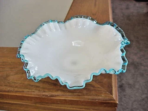 Vintage Fenton Aqua Crest Milk Glass 8" Ruffled Compote Bowl Vase