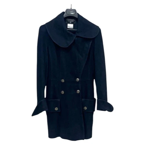 Cappotto CHANEL vintage pelle nabuk blu navy taglia 38 pezzo di moda di fascia alta