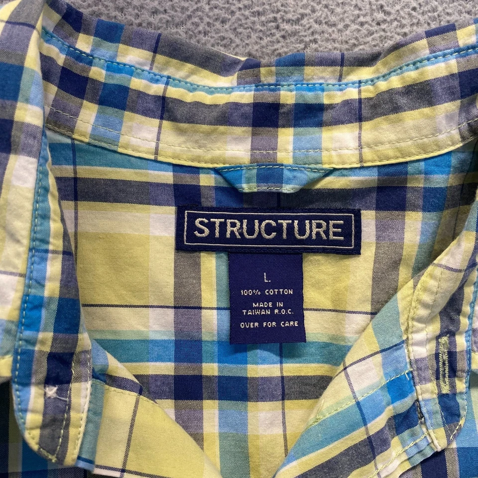 STRUCTURE Plaid Shirt Button Down Short Sleeve Mens Large Classic Yellow Blue - Image 3 of 4
