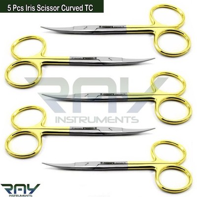 5 Pcs New German Iris Scissors TC 4.5'' Curved Surgical Dental Surgery Instrument