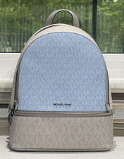 MICHAEL KORS RHEA MEDIUM ZIP BACKPACK BAG TOTE LIGHT BLUE OFF WHITE GRAY MK LOGO