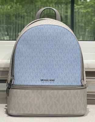 MICHAEL KORS RHEA MEDIUM ZIP BACKPACK BAG TOTE LIGHT BLUE OFF WHITE GRAY MK LOGO