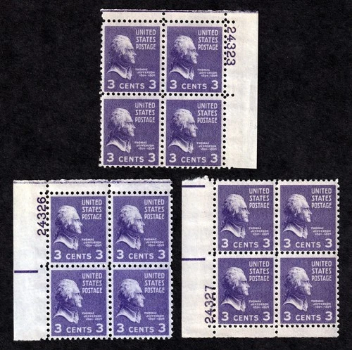 US #807 Thomas Jefferson, 3 Plate Blocks of 4, MNH Stamps (F-1)