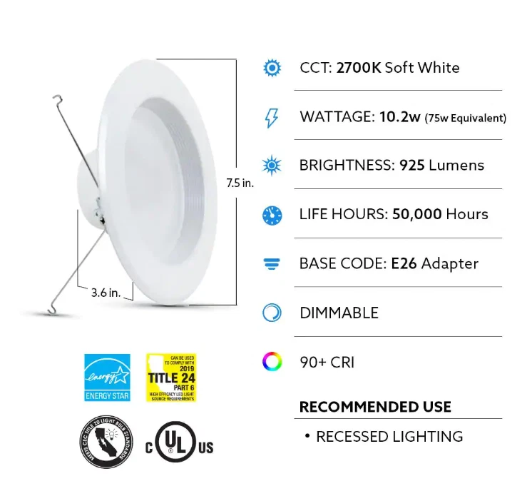 Feit Electric 5/6 in. Integrated LED White Retrofit Recessed Light Trim Dimmable - Image 2 of 4