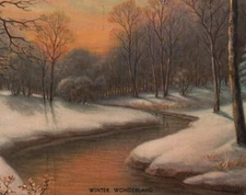   Litho Print "Winter Wonderland " 1930-40's- Stream in  Snowscape