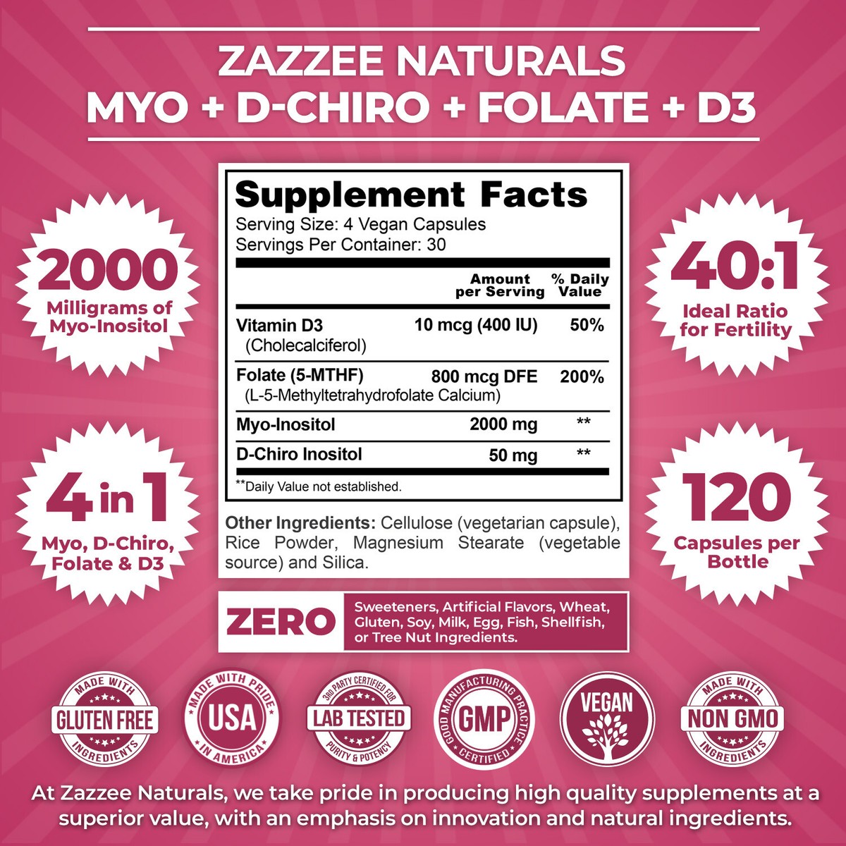 Zazzee Myo-Inositol + D-Chiro, with Folate (5-MTHF) + D3