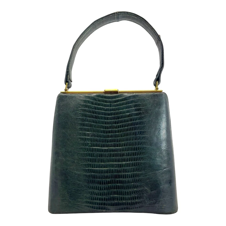 Vintage 50s 60s REVITS Genuine Reptile Exotic Leather Frame Bag Handbag Mirror