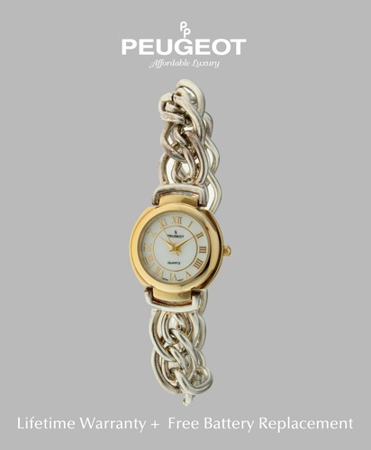 Women's Silver & Gold Bracelet Watch with Byzantine Chain Bracelet by Peugeot - Picture 3 of 5
