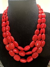 Vintage Triple 3 Strand Cherry Red Graduating Bead Necklace 19"