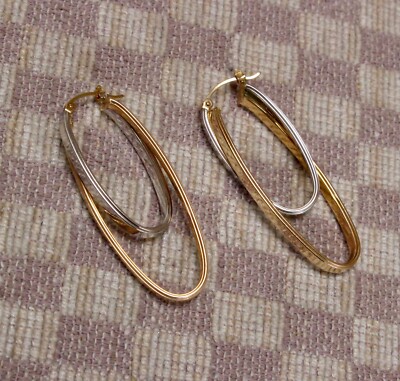 NEU 14K GELB & WEISSGOLD 42mm OVALE DOPPEL CREOLEN