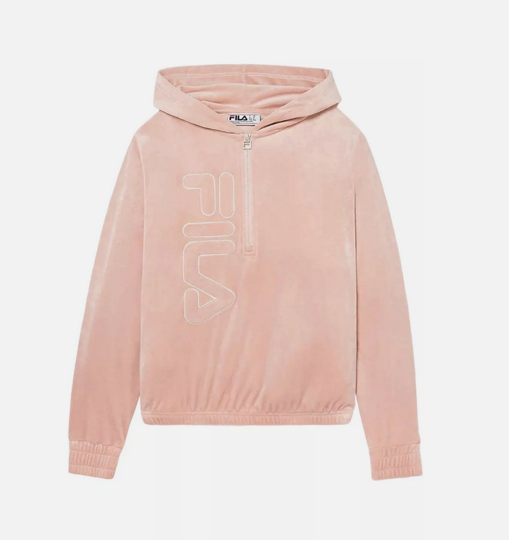 Felpa donna Fila in velluto con cappuccio e zip quarto (Misty Rose XL) nuova con etichette