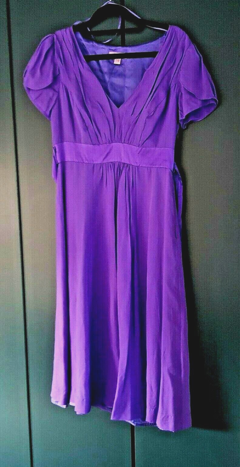100 Silk Monsoon 1940s style tea dress Purple 8 UK F… Gem