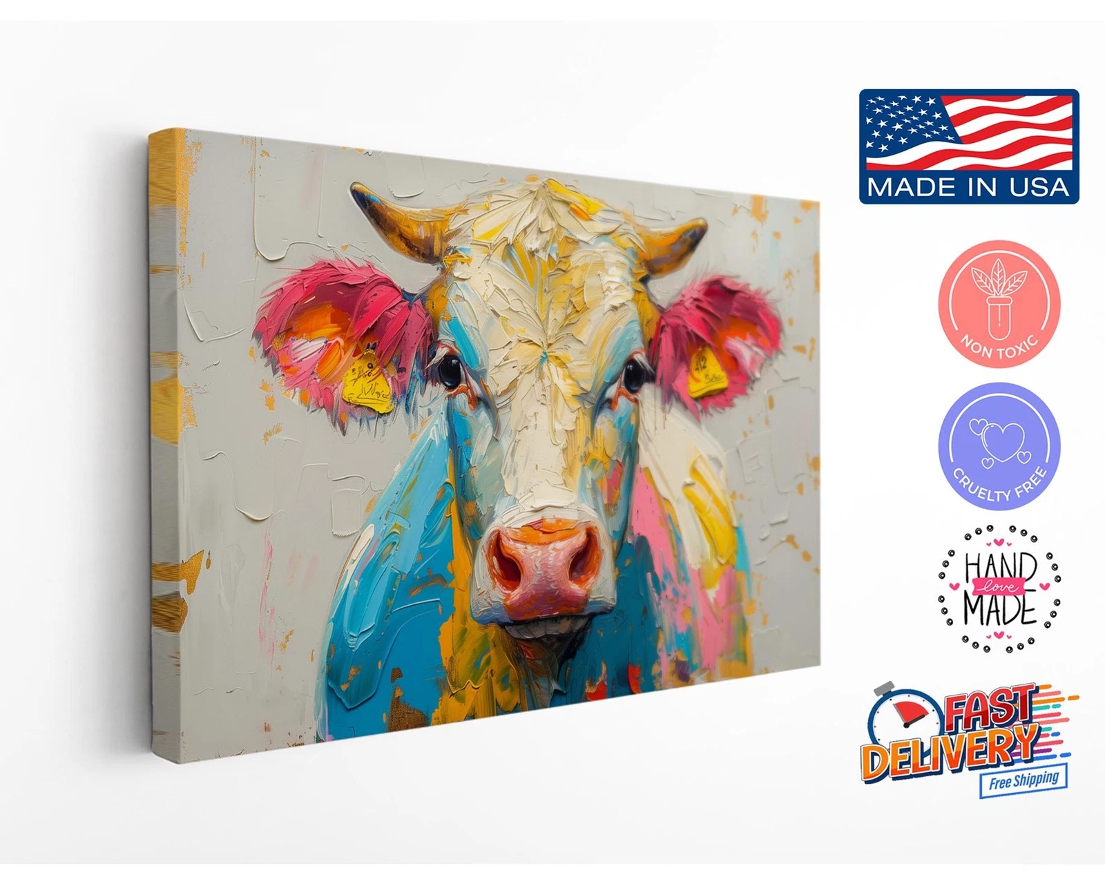 Colorful Cow Canvas Print, Oil Painting Reproduction, Farmhouse Wall Art