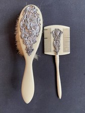 Antique French Ivory Celluloid IVORINE Baby Brush Comb Set