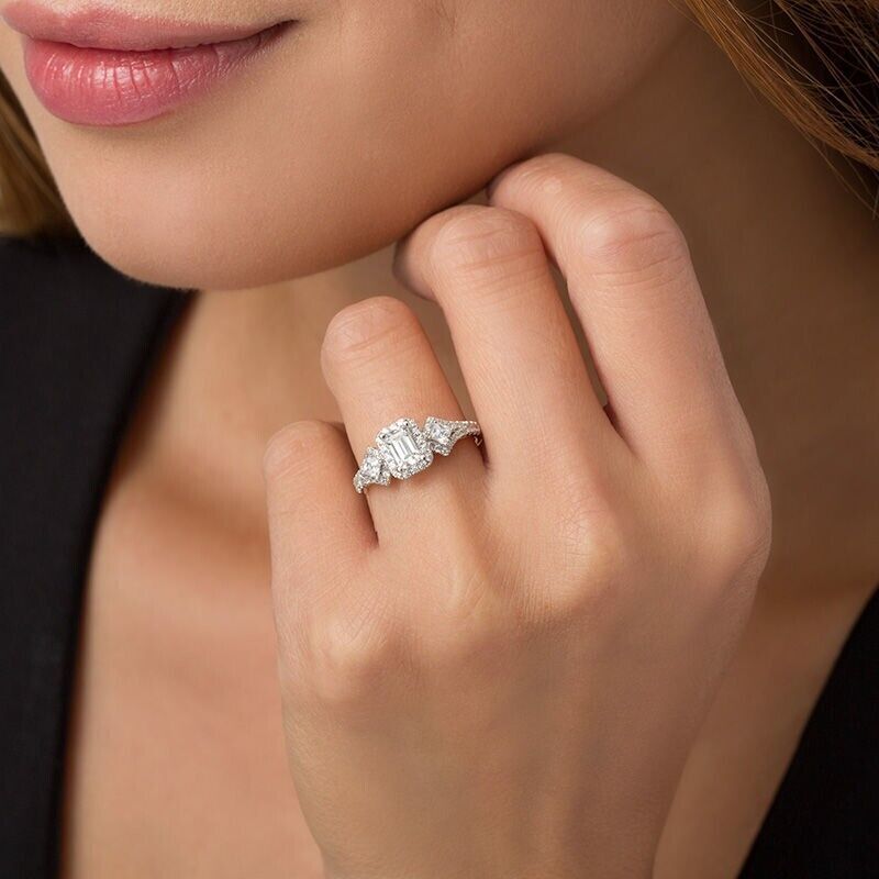 Emerald Cut Diamond Past Present Future 14k White Gold