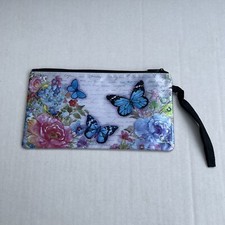 Butterfly  Floral Silky Design Zip Closure Wristlet Pouch Make-up/Cosmetics Bag