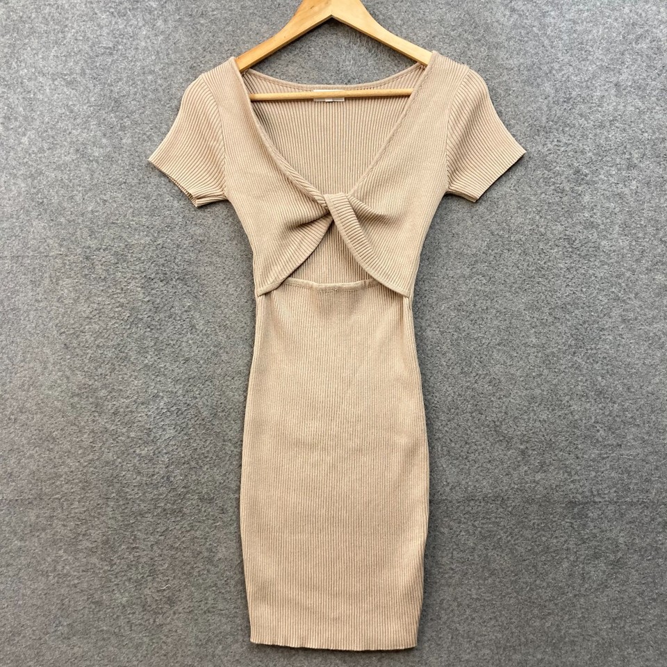 Winnie & Co Dress Womens S/M Biege Knit Ribbed Bodycon Mini Cut-Out Stretch