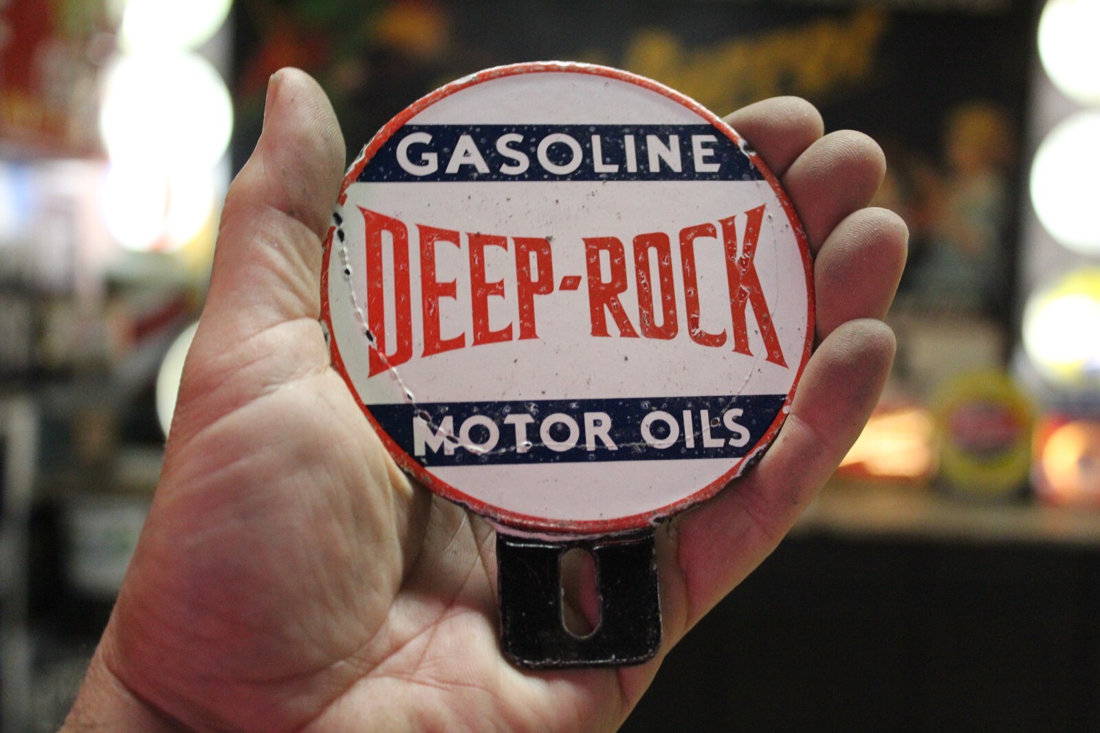 RARE DEEP ROCK MOTOR OILS GAS STATION 2PC PORCELAIN METAL TOPPER SIGN