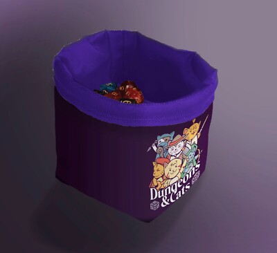 Dice Bag, Purple Dungeons & Cats Draw Bag, D&D Board Games Tabletop Gaming Gift