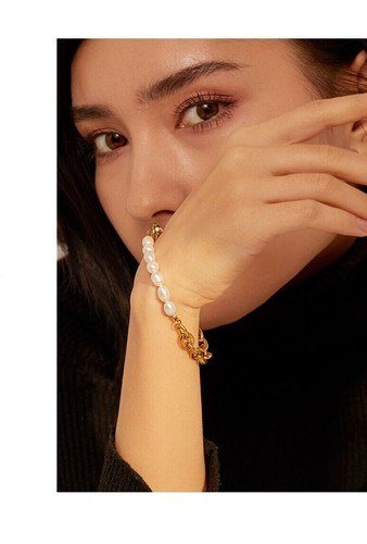 Beaded Natural White Pearls 18k Gold Plated Link Chain Charm Bracelet for Women - Picture 6 of 16