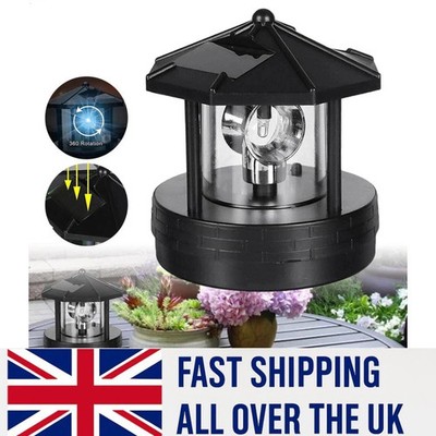 Solarbetriebener drehbarer LED Leuchtturm Garten Leuchtfeuer Turm Lampe Dekoration schwarz