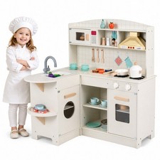 Wooden Play Kitchen for Kids w/Lights Sounds Stove Microwave Sink Accessories