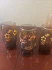 Set of 3 VTG Smoky Amber Brown Glasses Yellow Gold Orange Daisies Poppies Floral — photo 3