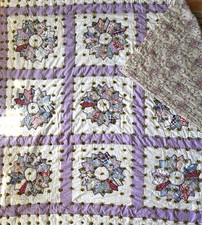 40s Vintage Feed Sack Quilt Hand Sewn Plates Pastel Lavender Embroidery