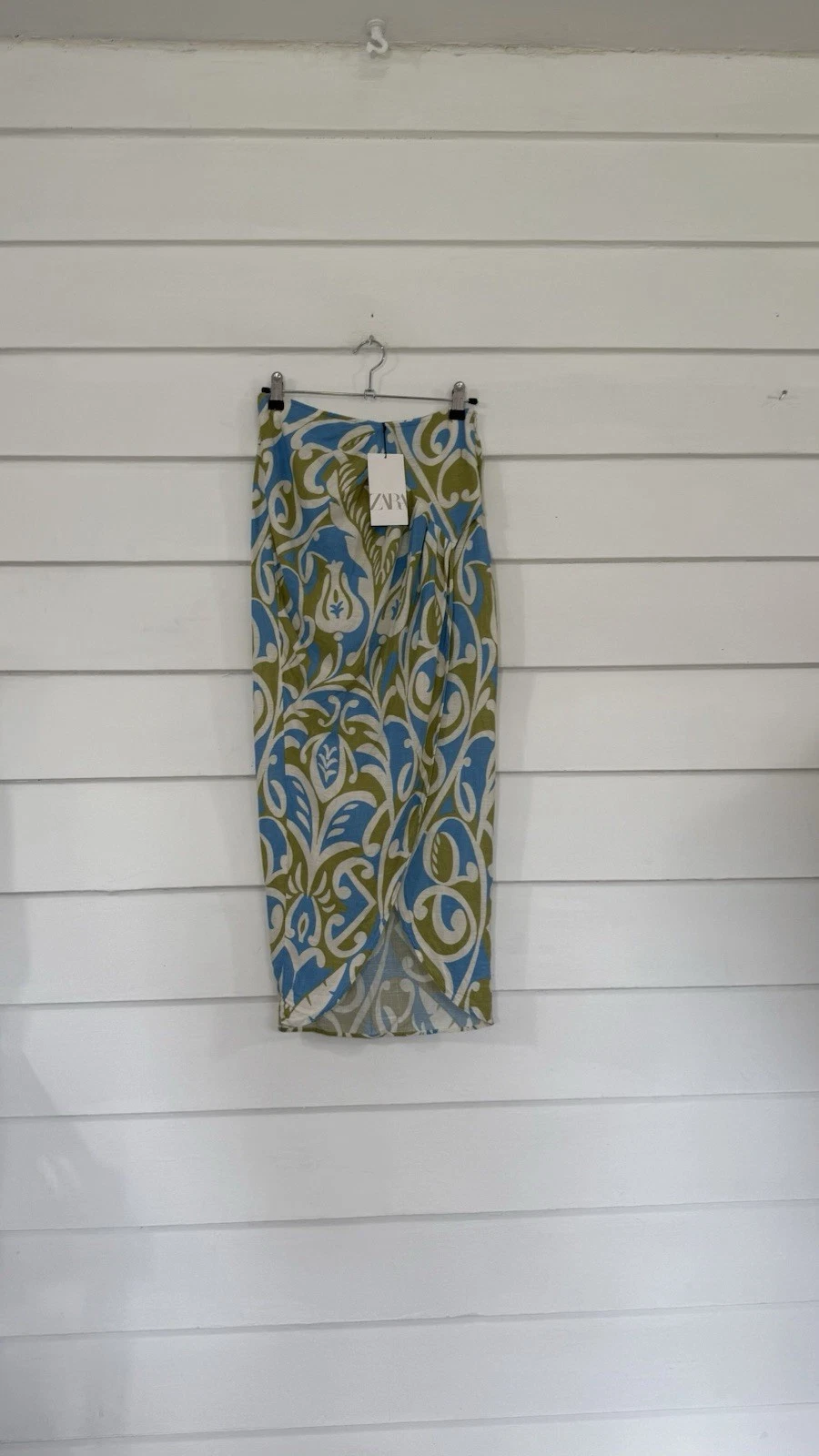 New ZARA Woman Green Blue Paisley Print Linen Blend Midi Skirt XS 26 waist Y368