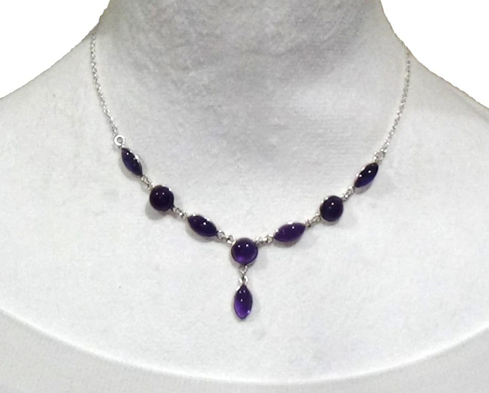Vintage Bezel Set Amethyst Marquis & Round Shape Sterling Silver Y Drop Necklace - Image 2 of 4