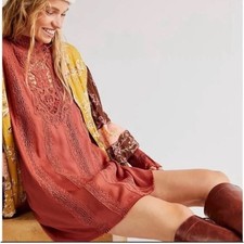 Free People FP One Vienna Mini Dress Lace Boho Lined Long Sleeve Raw Hem NWT