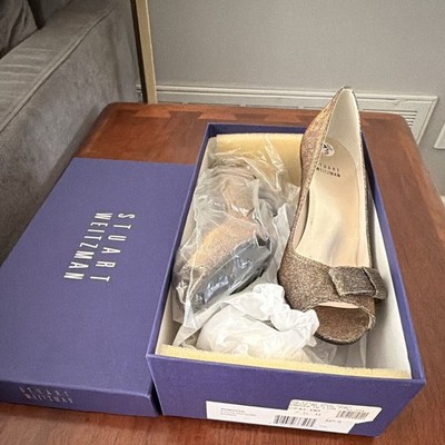 Stuart Weitzman Gold Peep Toe Kitten Heel Synthetic Pumps Bow Slip On 7.5B