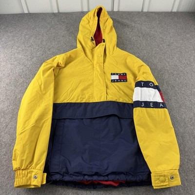 Tommy Jeans Jacke Herren XS gelb marine Kapuze Fleece gefüttert Anorak Windbreaker