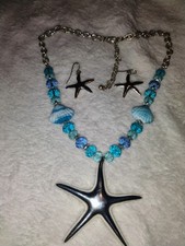 NECKLACE SILVER STARFISH WITH BLUE BEADS On ,24in Chain With StarFish...