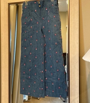 Fleur du Mal Blue Denim with Red Ice Cream  Embroidery Wide Leg Size 4