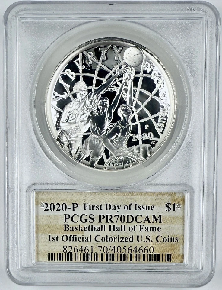 2020 P $1 Basketball Hall of Fame Silver Coin PCGS PR70DCAM Colorized FDOI NBA - Image 2 of 2