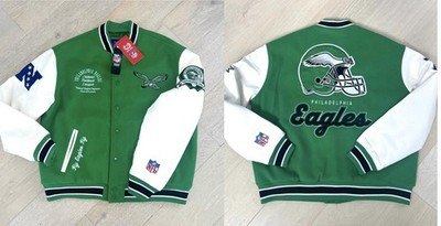 NFL Philadelphia Eagles Kelly Green Leather Wool Bomber Varsity Jacket Sz 3XL