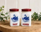 VINTAGE MILK GLASS BLUE SWANS SALT AND PEPPER SHAKERS 1940'S HAZEL ATLAS EXC.