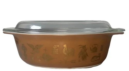 PYREX oval 2.5 Qt CASSEROLE DISH #045, Early American Brown Gold w/LID, VTG