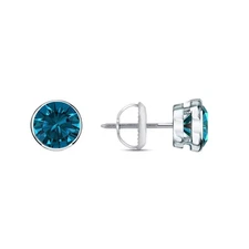 2.5 Ct Round Cut Blue VS Lab Grown Diamond 18K White Gold Earrings Bezel Screw