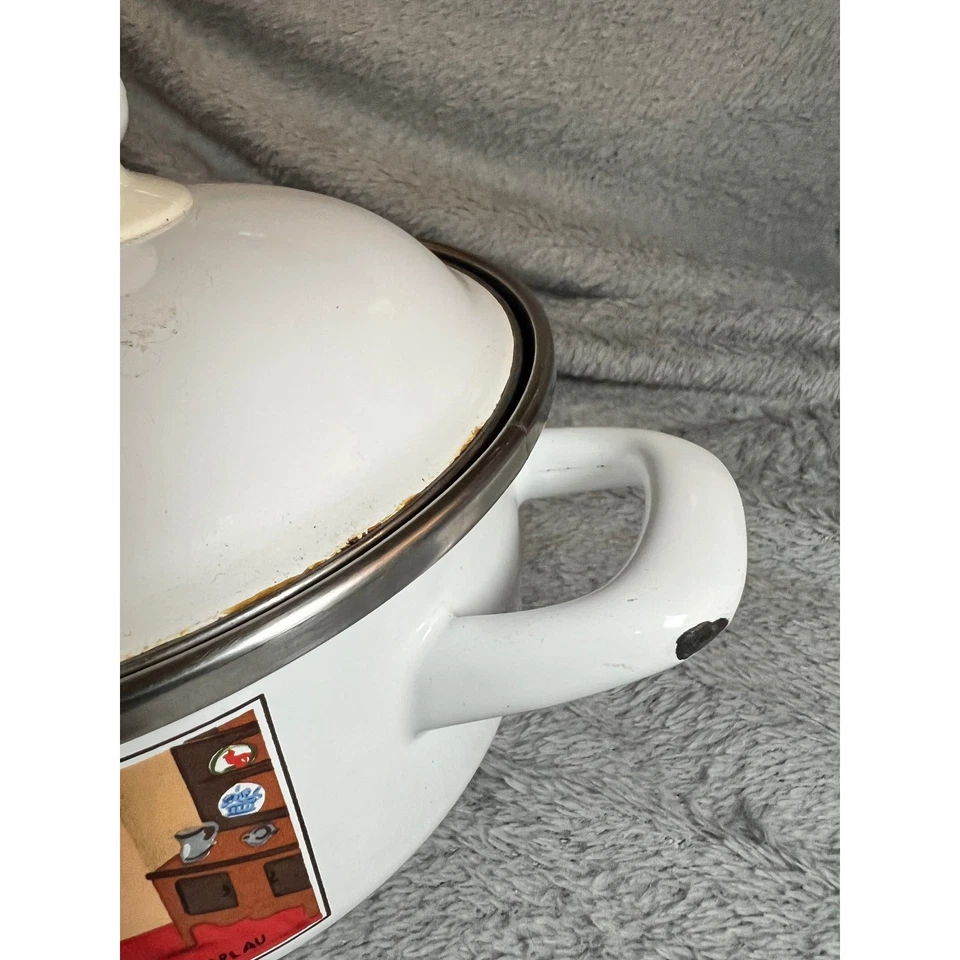 Villeroy & Boch Naif Enamel Pot w/ Lid Double Handle Folk Art Laplau Germany - Image 3 of 4