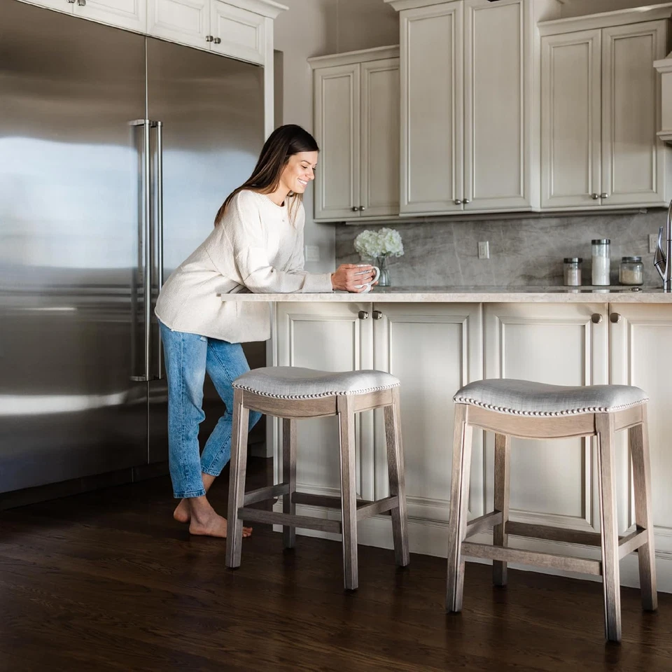 Adrien Backless Counter Stool – 26 Inches – Saddle Stool with Footrest – Grey So - Image 2 of 4